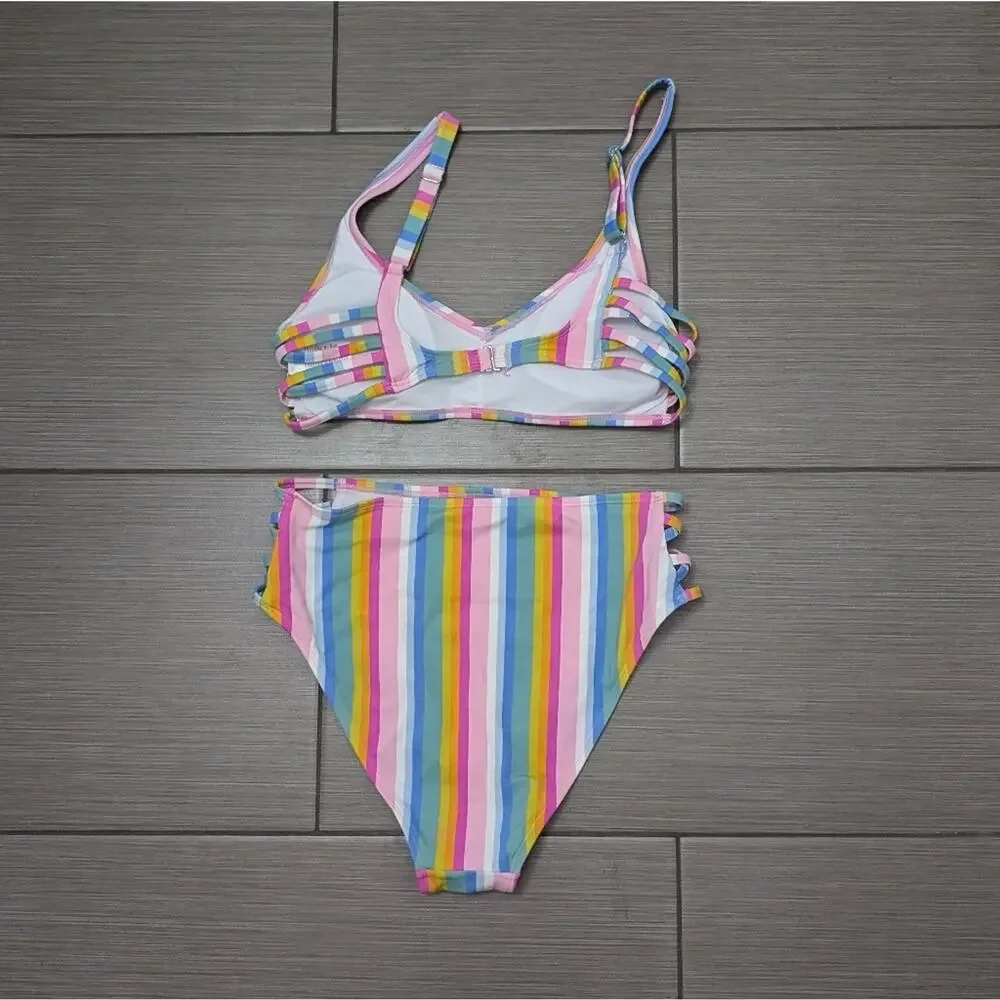 Xhilaration Strappy High Leg High Waist Colorful Striped Bikini Set